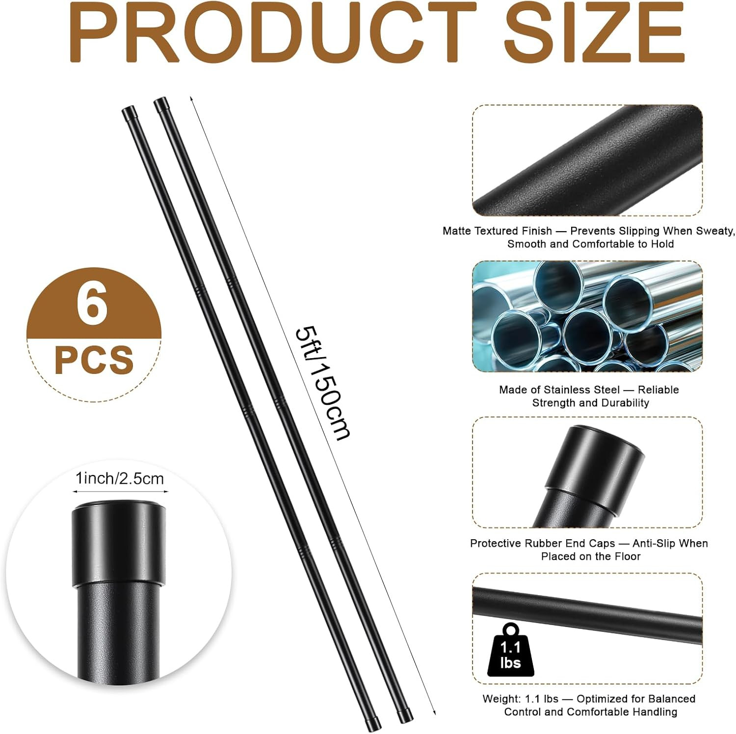 6 Set 5Ft Adjustable Yoga Stick with Non-Slip Rubber Ends