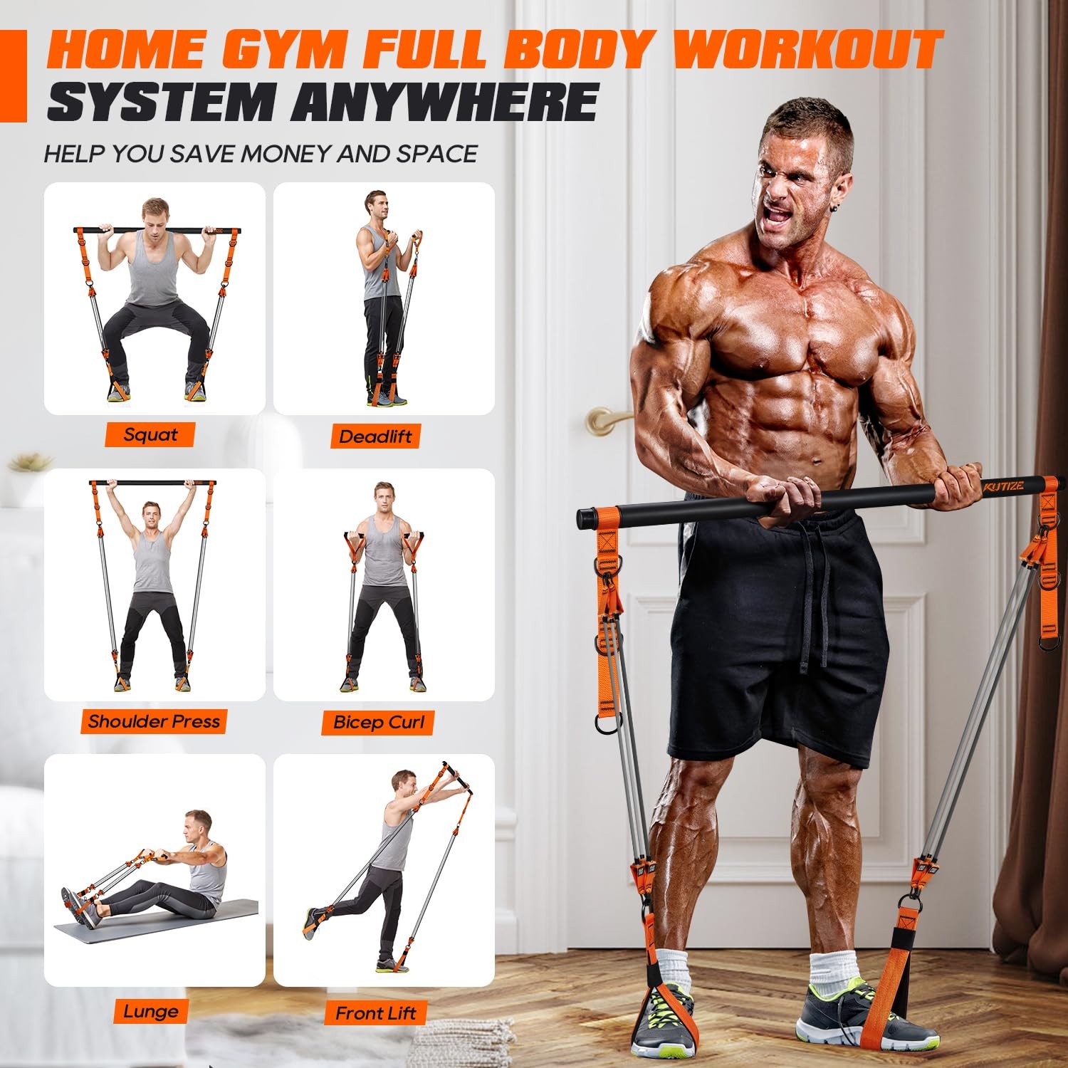 KUTIZE Pilates Bar Kit with Resistance Bands, 1-Orange