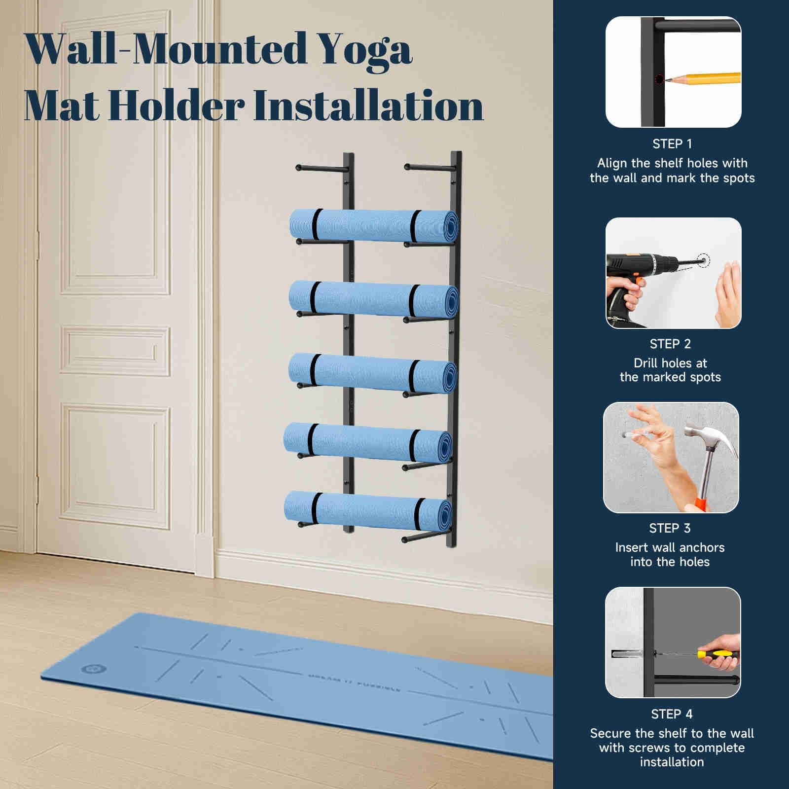 Yoga Mat Holder Wall Mount with 12 Straps, 6 Tier Metal Yoga Mat Storage Rack…