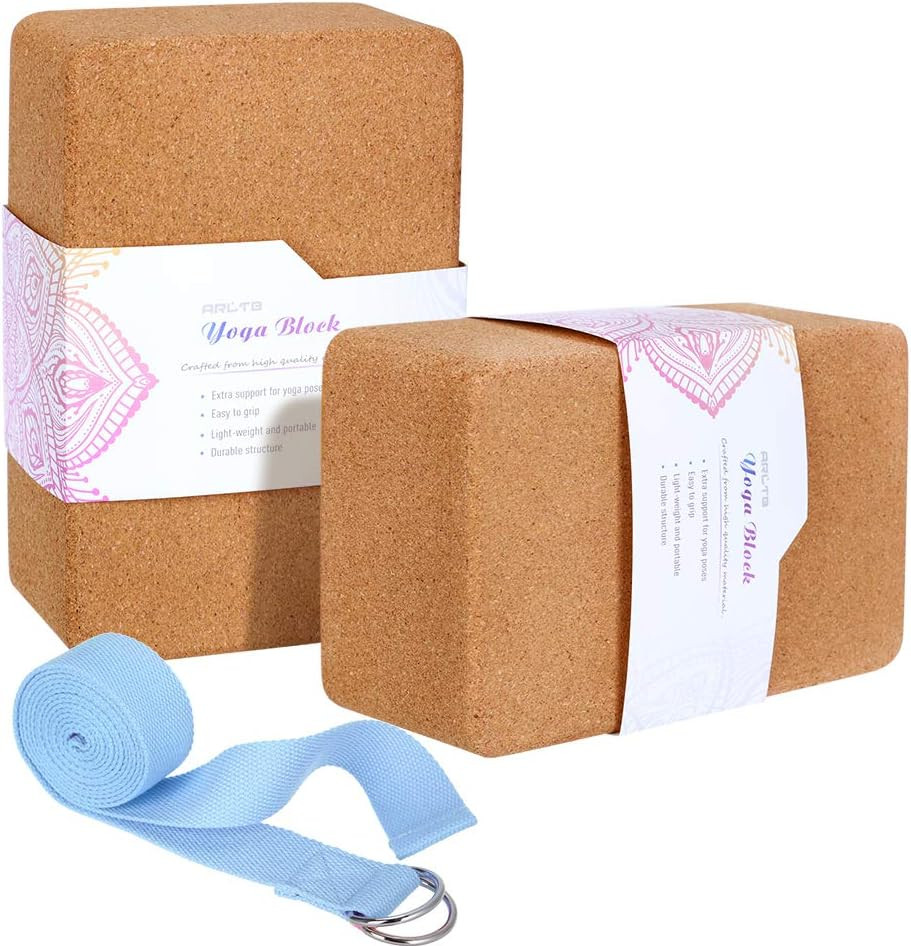 2 Pack Cork Yoga Blocks with Yoga Strap Set – 4 X 6 X 9 Inch