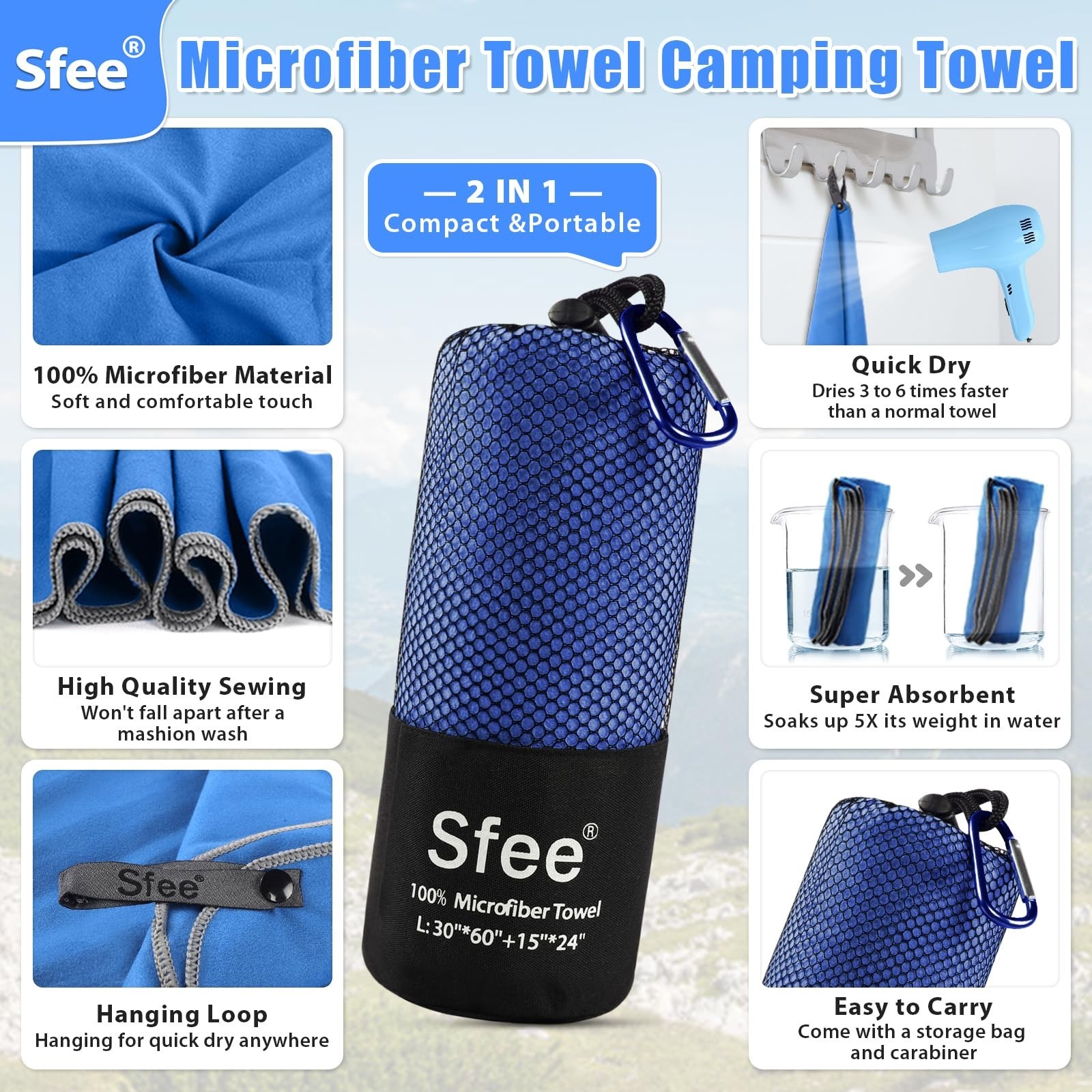 Sfee 2 Pack Microfiber Travel Towel, Quick Dry Camping Towel Super Absorbent …