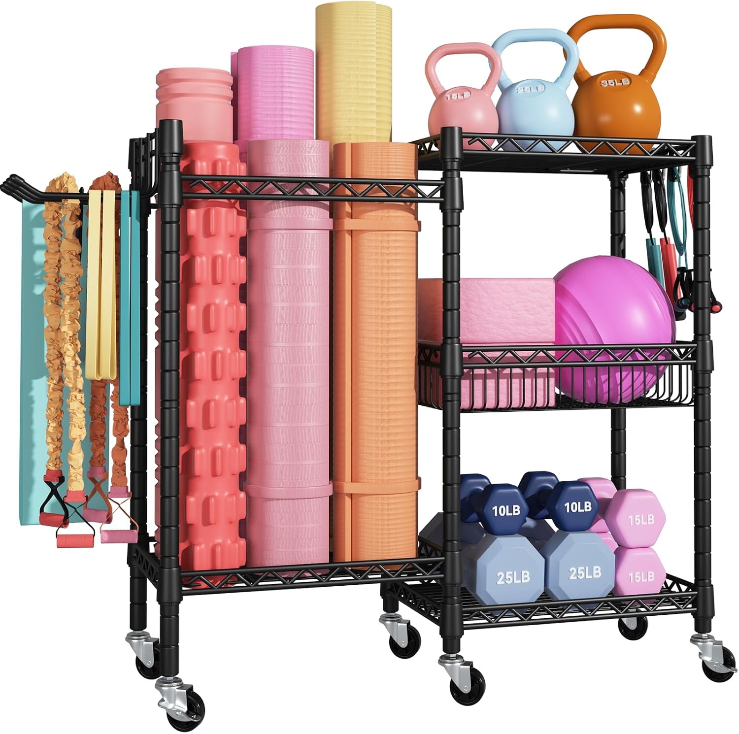 Home Gym Storage 3 Tiers Workout Equipment Organizer W/ Wheels Yoga Mats Foam