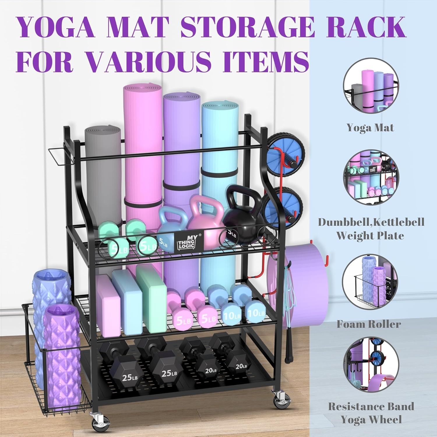 Durable Workout Equipment Organizer with Wheels and Hooks for Easy Access