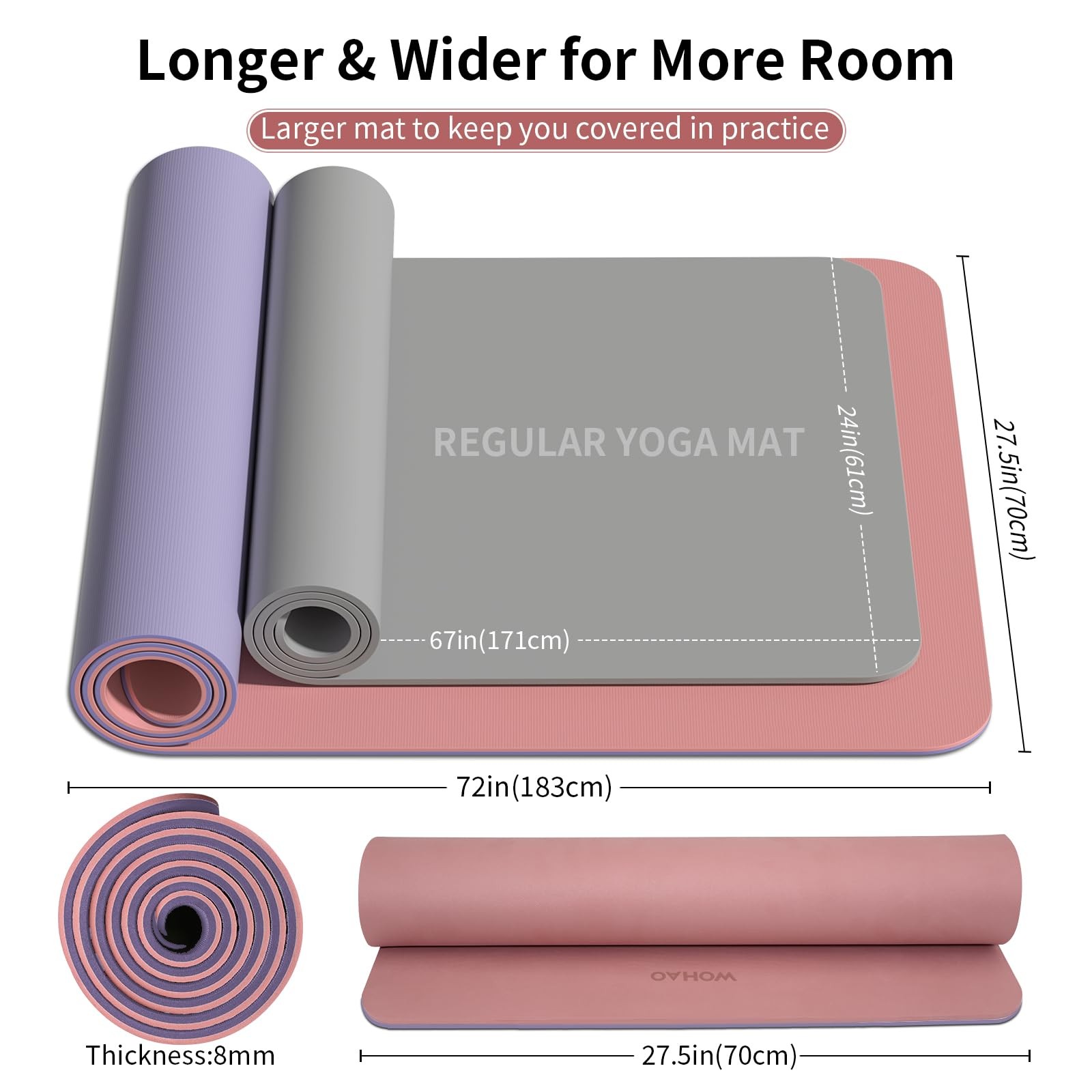 WOHAO Extra Thick 8mm Yoga Mat, 72&Prime;x28&Prime; 183*70*0.8cm, Dark Powder+Dark silve