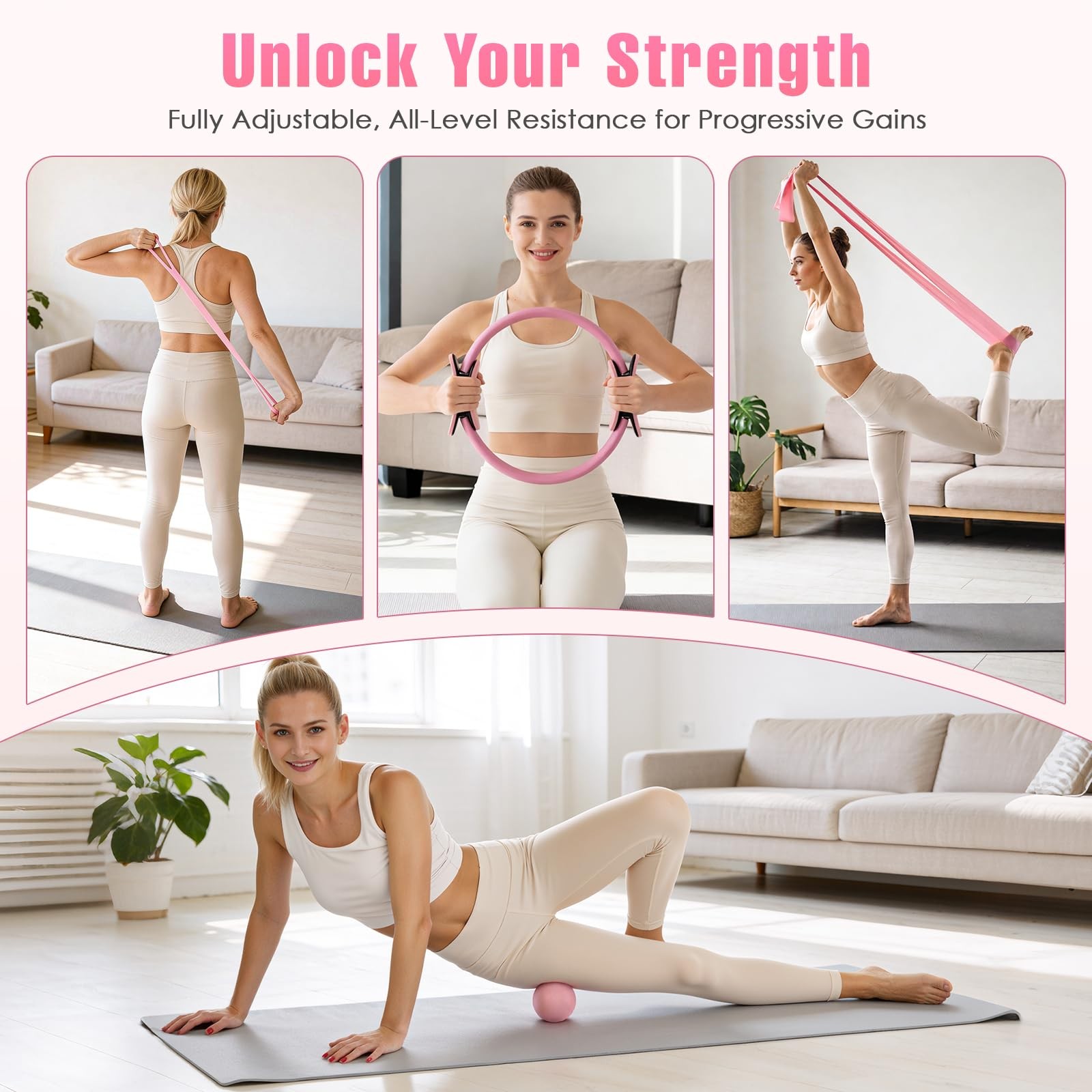 Pilates Equipment, Kit for Home Workouts, Pink