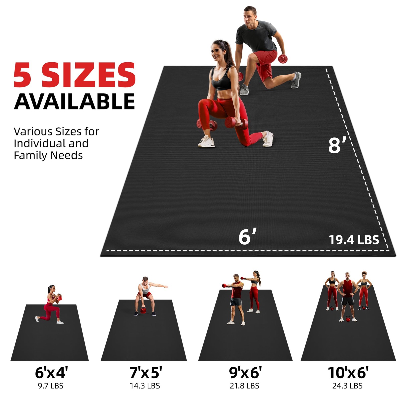 GymCope Extra Large Exercise Mat, 8*6ft, 8&rsquo;x6&rsquo;x8mm-Black
