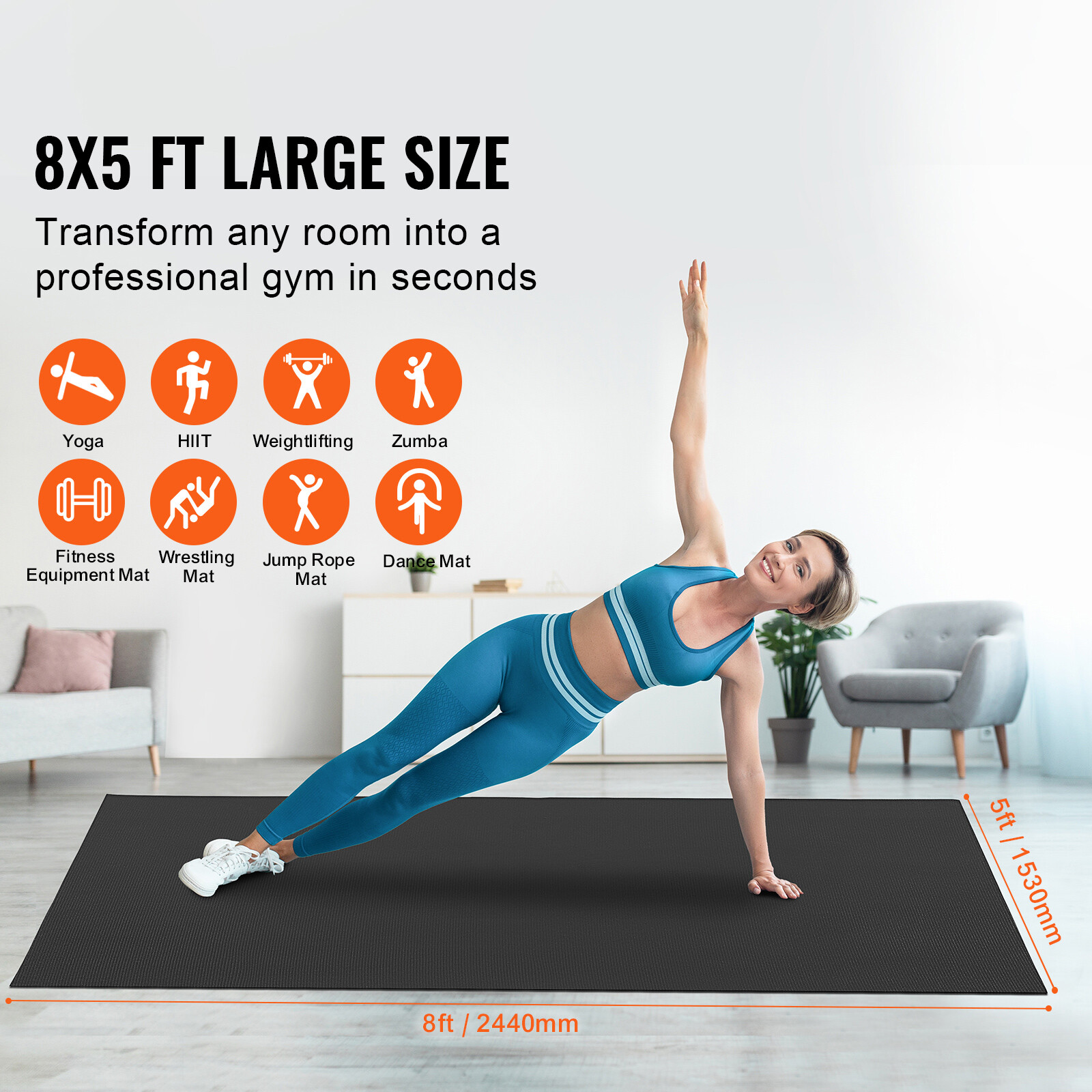 VEVOR Exercise Mat Non Slip Yoga Mat Gym Fitness Pilate Workout Mat (8x5ft)