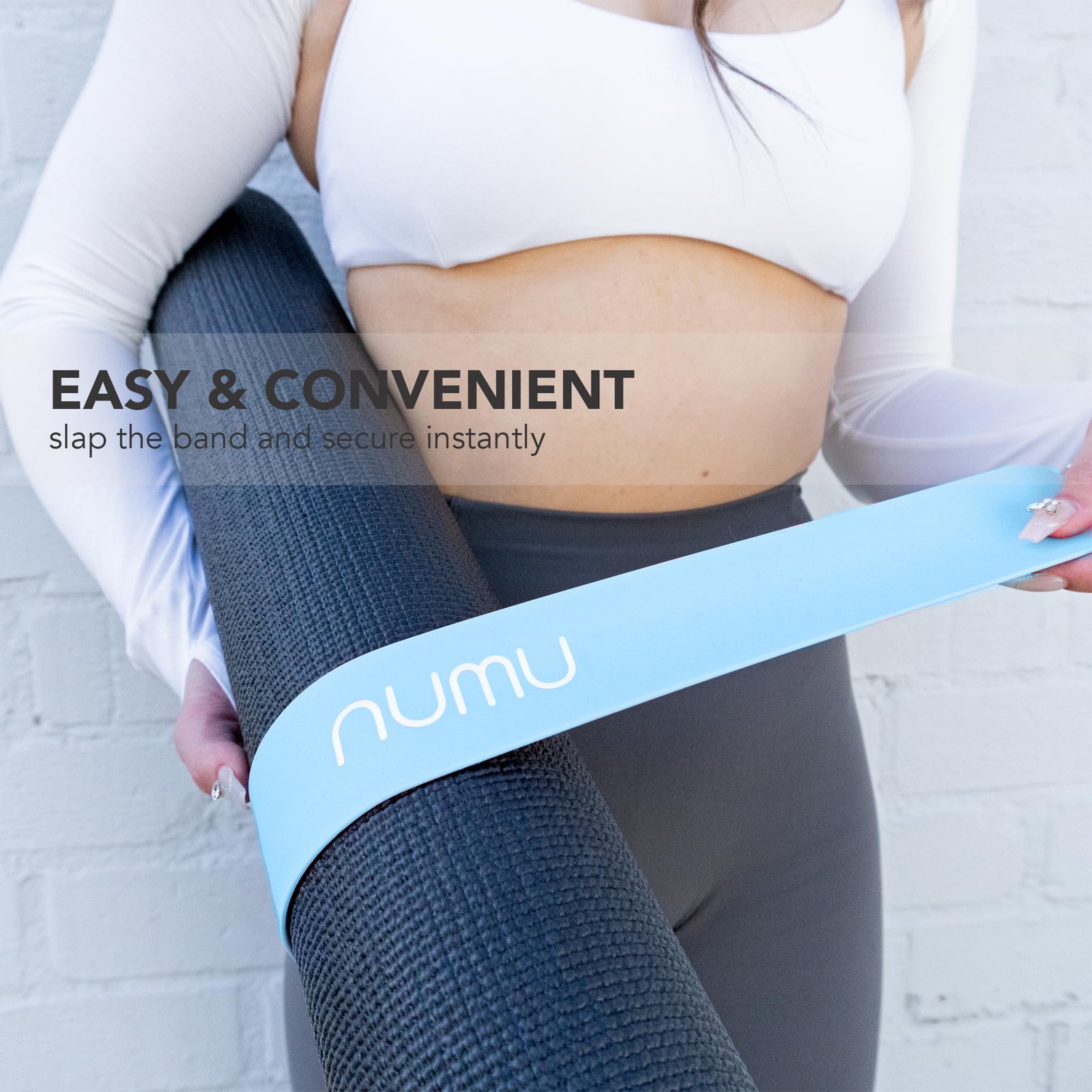 Numu Yoga Mat Strap Slap Band – Easy Snap On to Keep Exercise Small, Blue