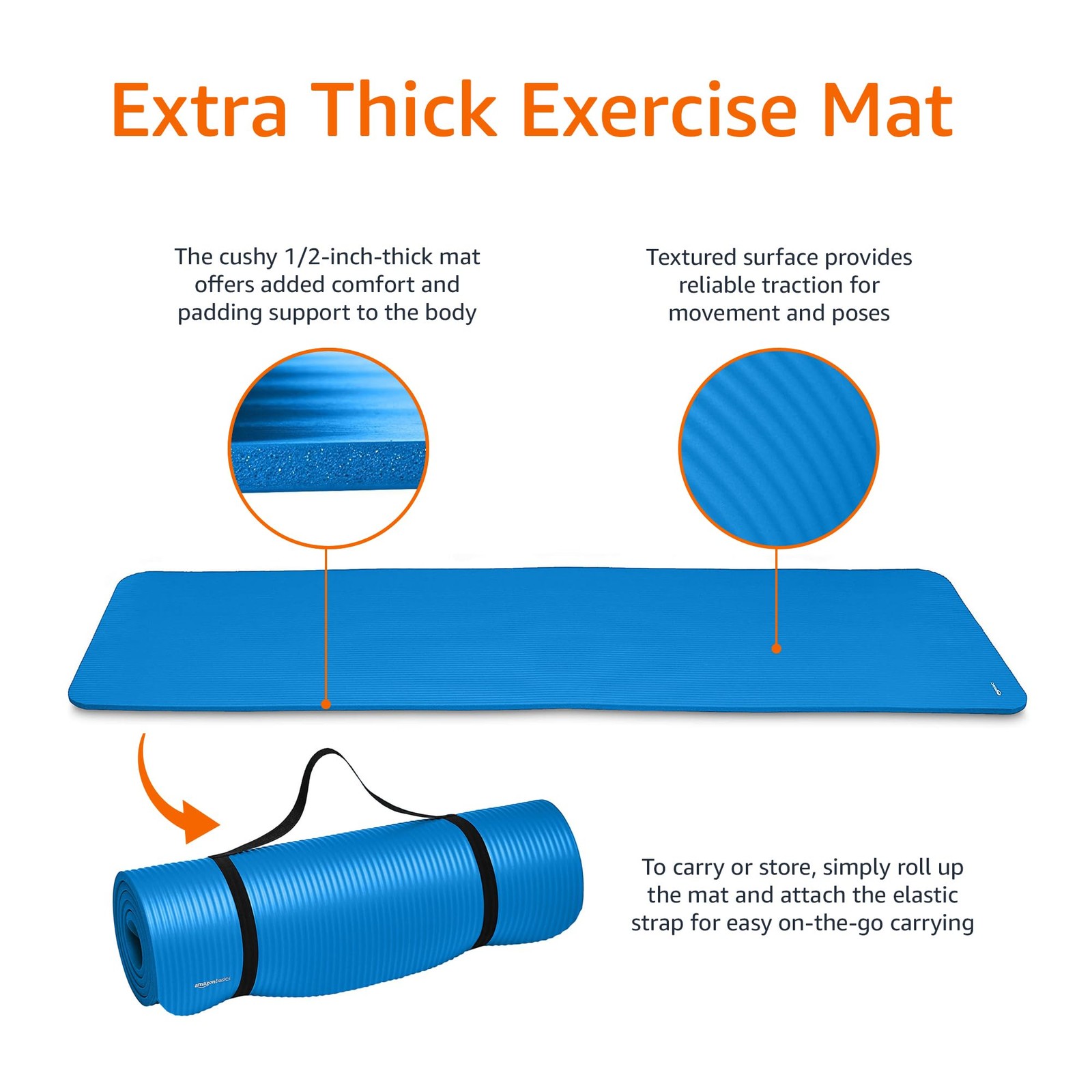 Amazon Basics 1/2 Inch Extra Thick Exercise Yoga Mat with Carrying Strap Blue
