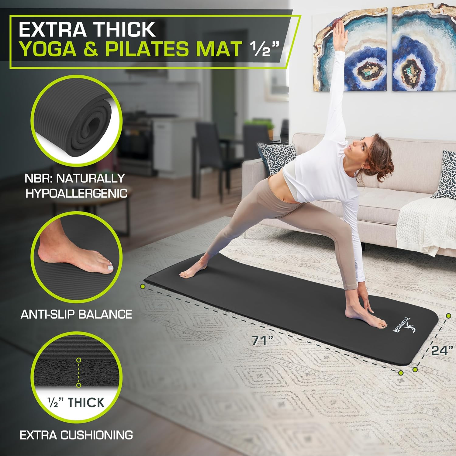 Extra Thick Yoga and Pilates Mat ½” (13Mm) or 1&Prime; (25Mm), 71-Inch Long High Densi