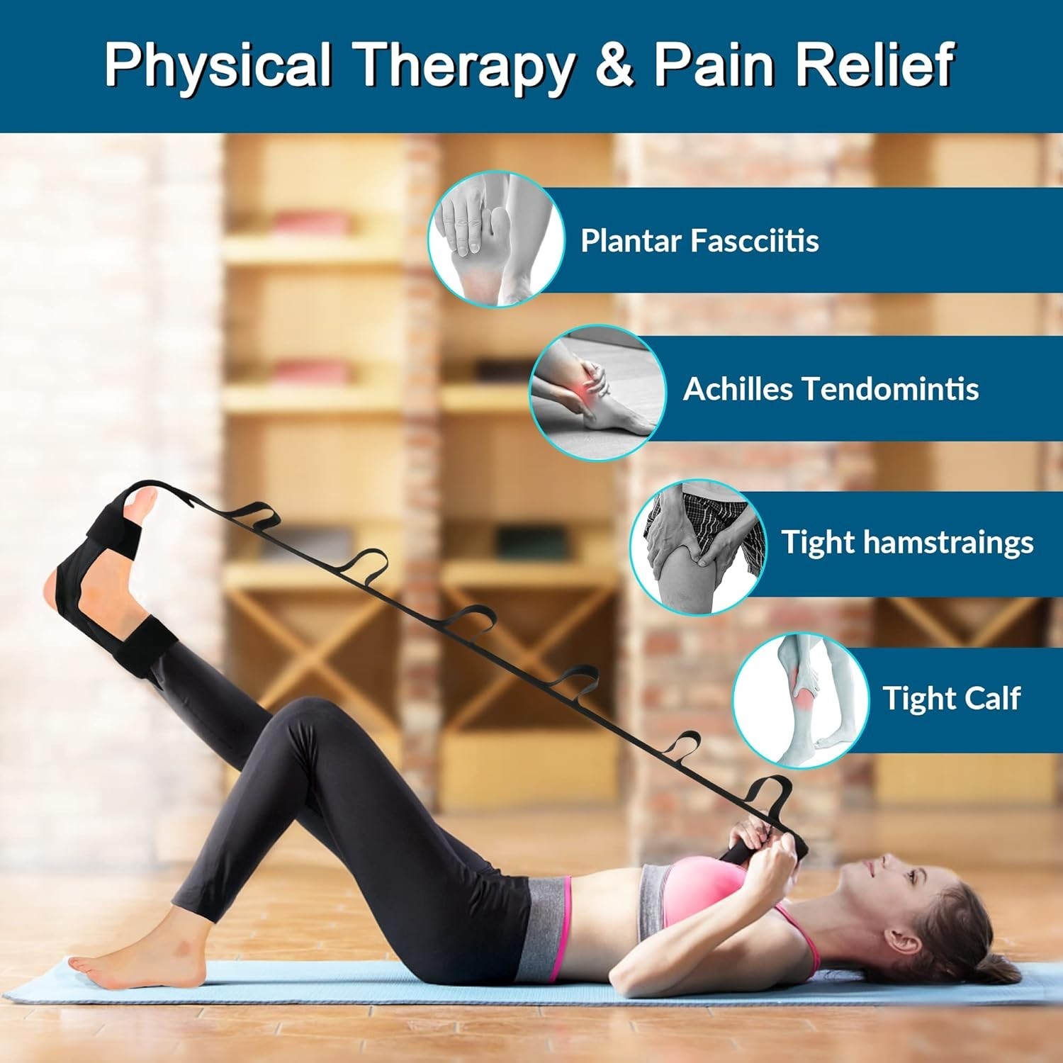 Black Foot & Leg Stretch Strap with 7 Hand Loops for Pain Relief & Flexibility