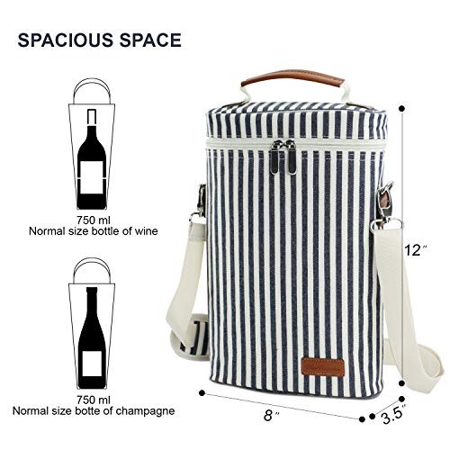 2 Bottle Wine Tote Carrier, 750 mL Capacity, Polyester 2 Bottles Dark Blue