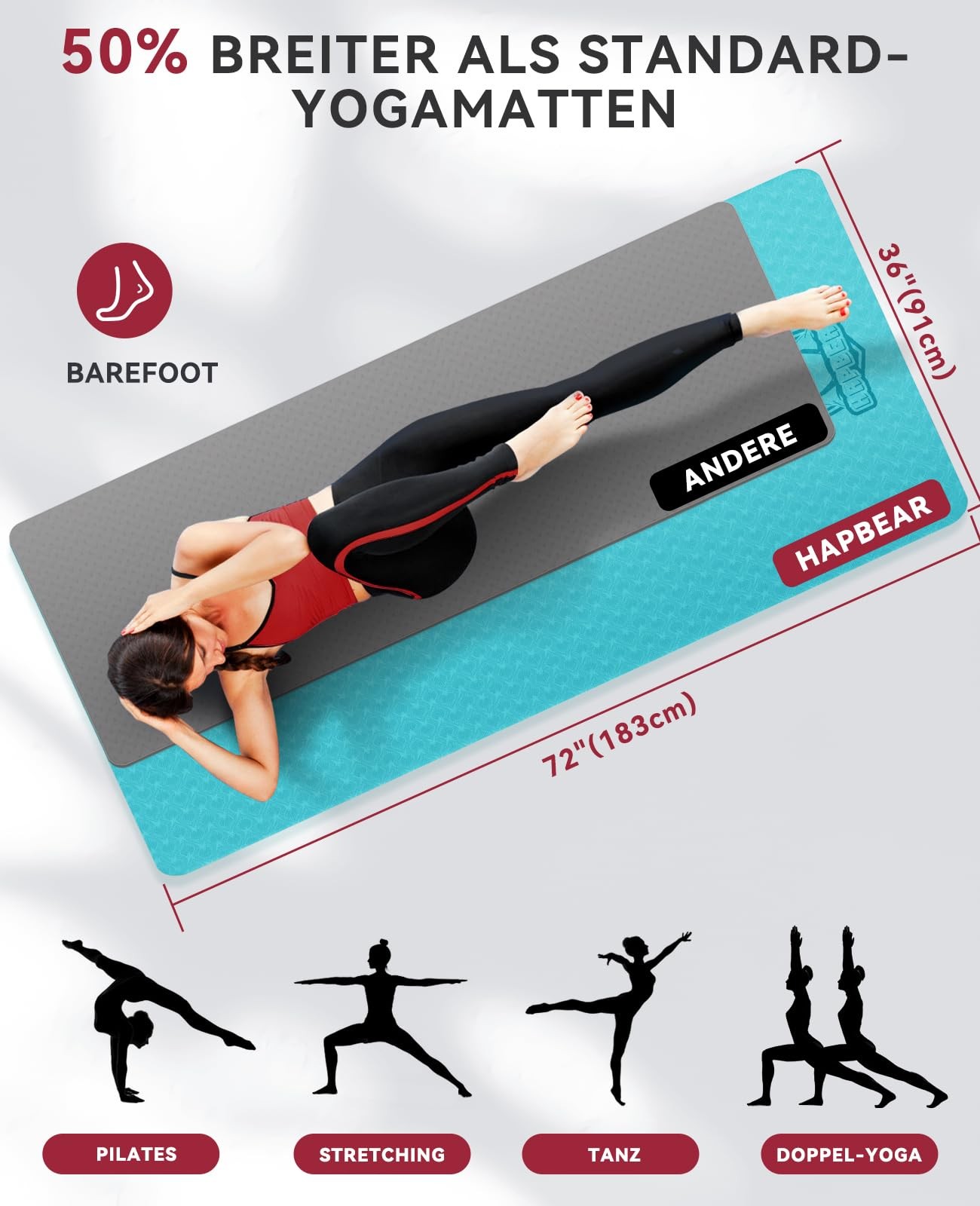 Yoga Mat XXL183cmx91cmx6mm Thickness, Extra Large Non Slip Wide Yoga Mat, Gy…