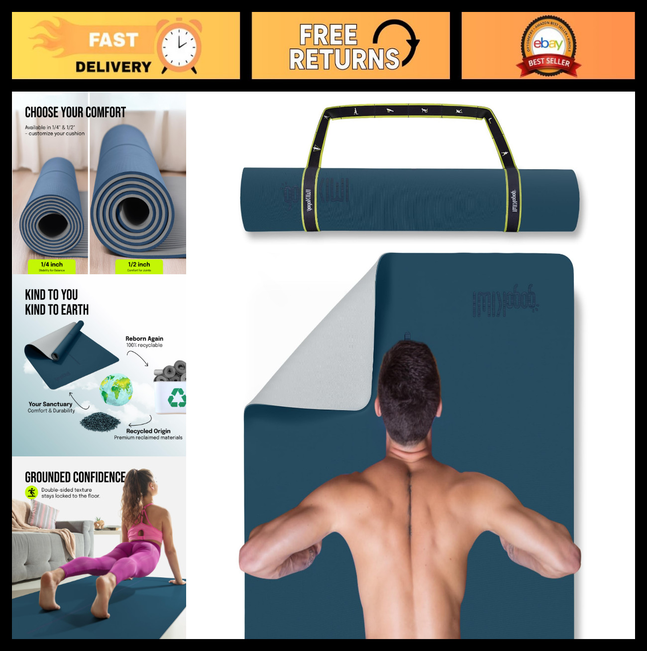 Extra Wide Non-Slip Yoga Mat 72&Prime;x36&Prime; with Alignment Marks for Fitness & Pilates