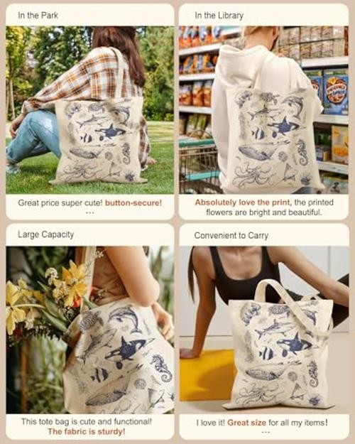 Aesthetic Tote Bag for Girls – with Magnetic Buckle and Zipper Inner Sea Fish