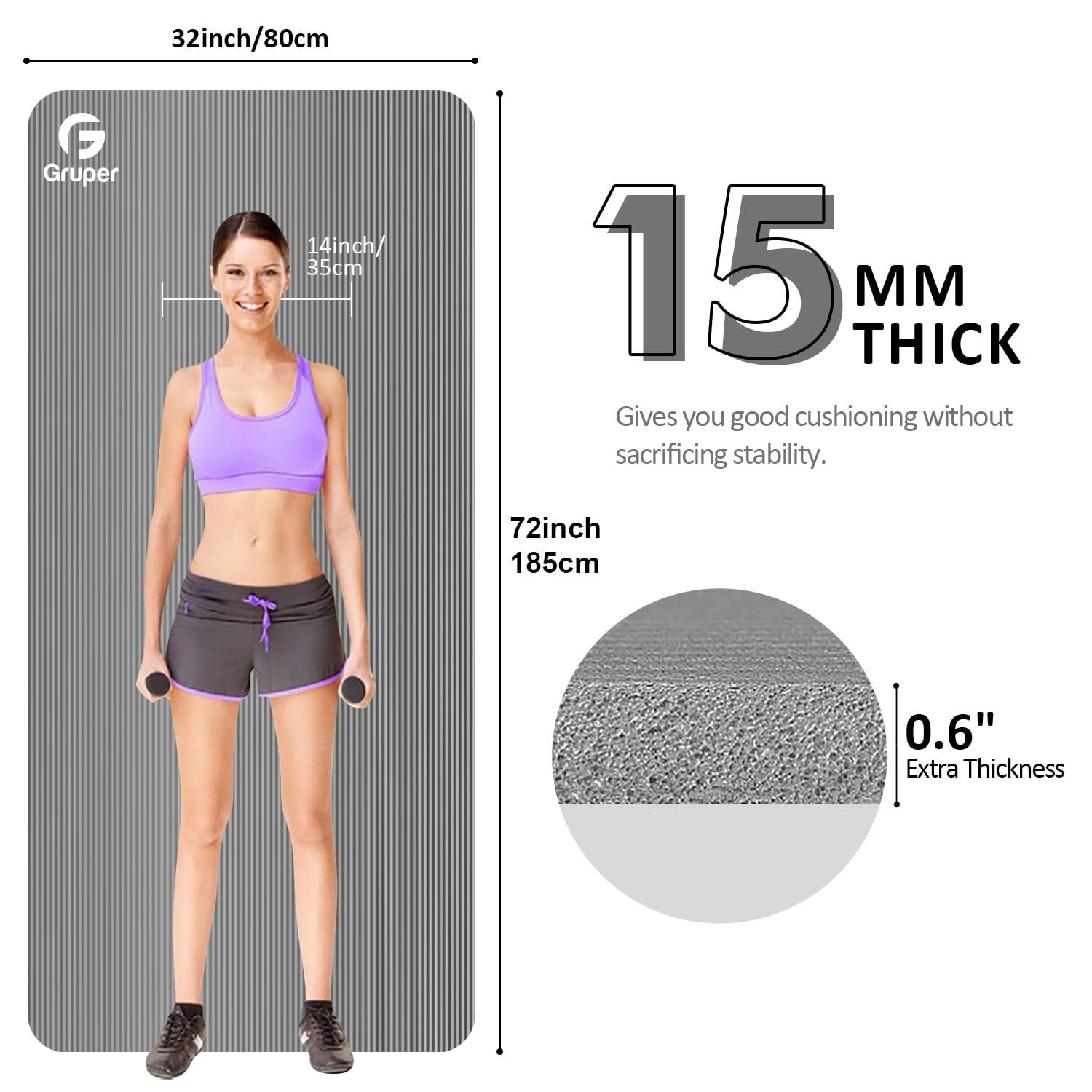 Gruper Thick Yoga Mat Non Slip, Large Size 72&Prime; L x 72 x 32 x 0.6 inches, Grey