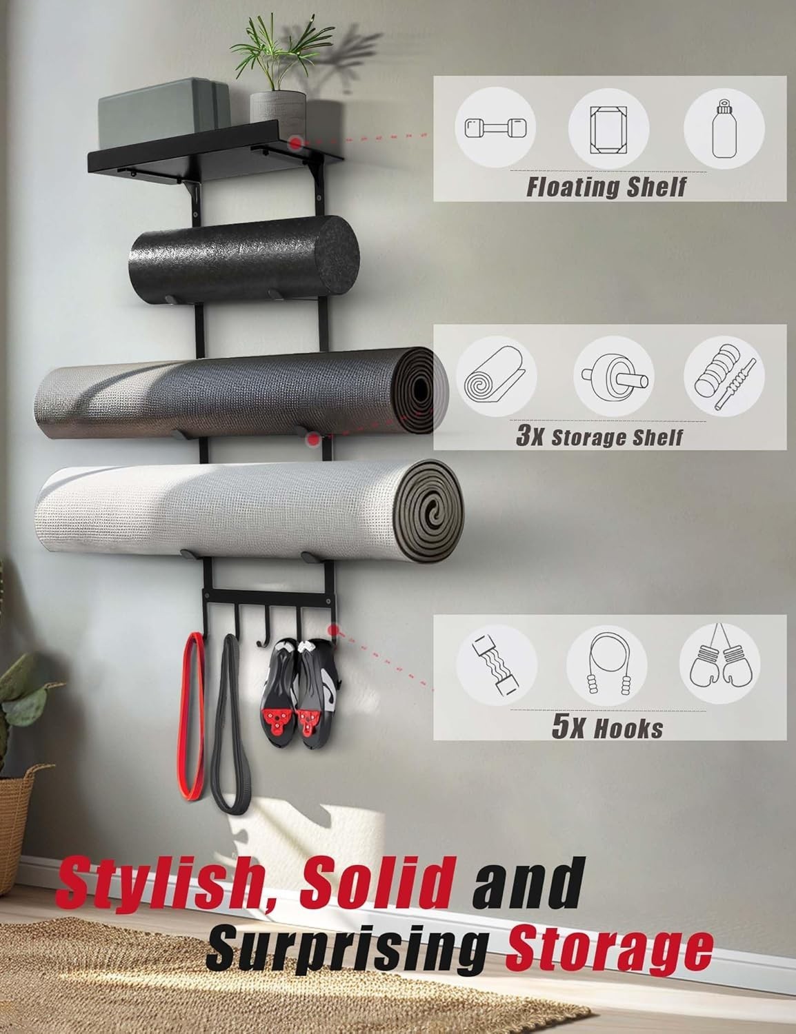 Yoga Mat Holder Wall Mount Storage Rack with Hooks and Shelves