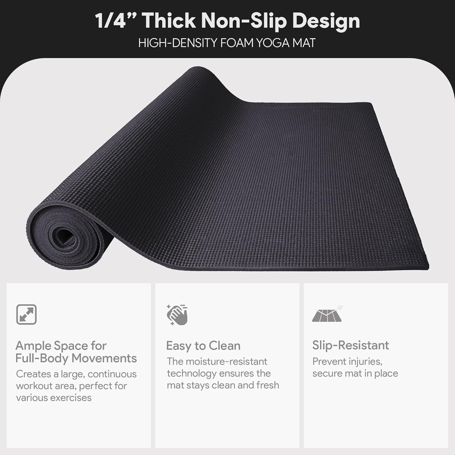 Fitvids All Purpose 1/4-Inch Yoga Exercise Yoga Mat – Black
