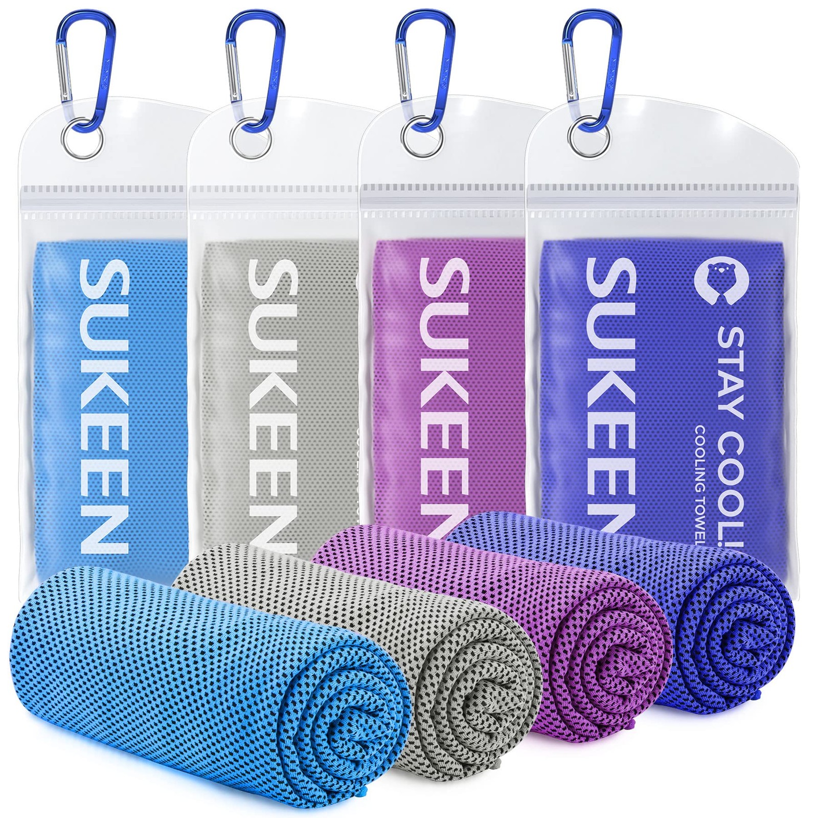 Sukeen 4 Pack Cooling Towel 40&Prime; x 12&Prime;, Blue/Grey/Purple/Dark Blue