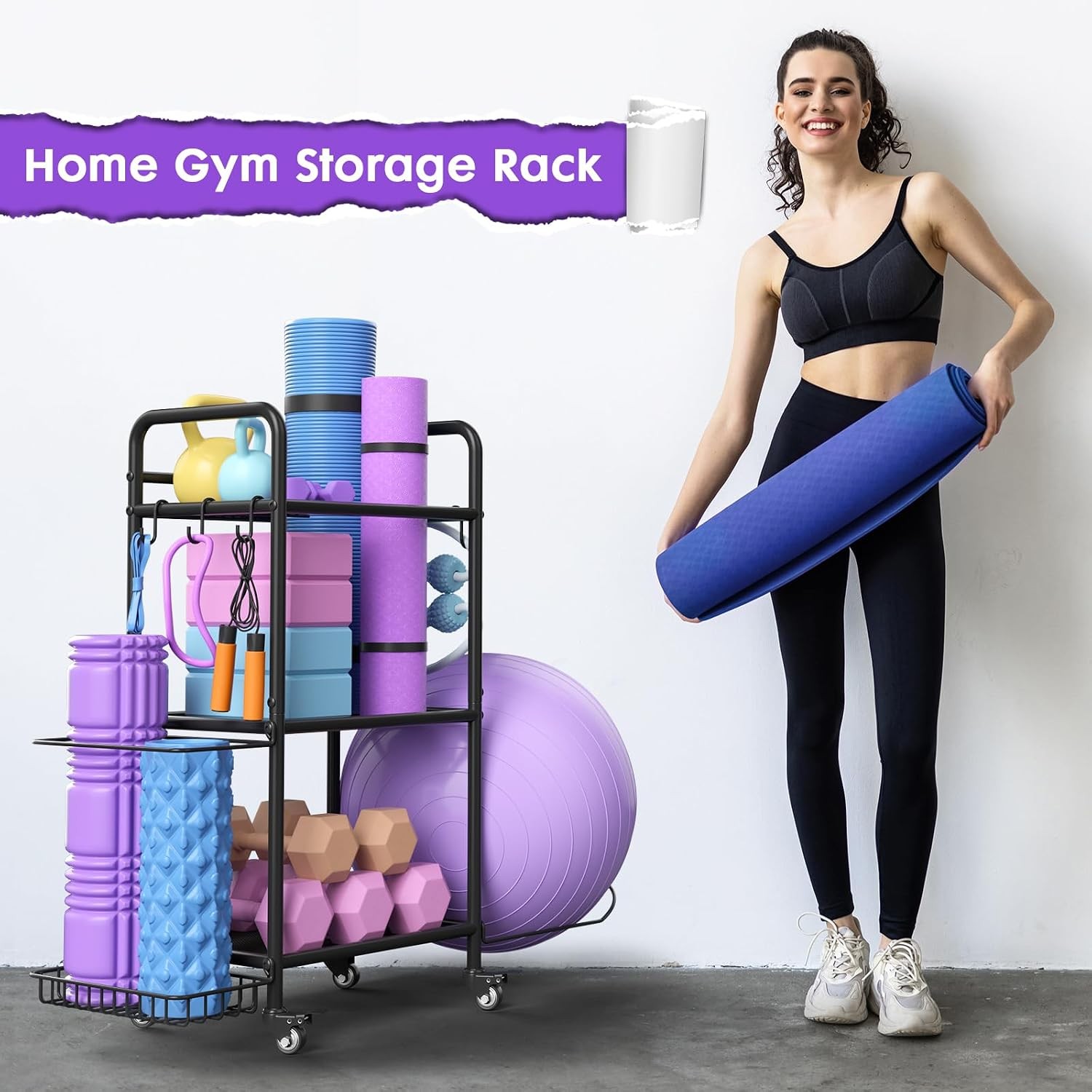 Home Gym Storage Rack Exercise Equipment Organizer for Dumbbells Yoga Mats
