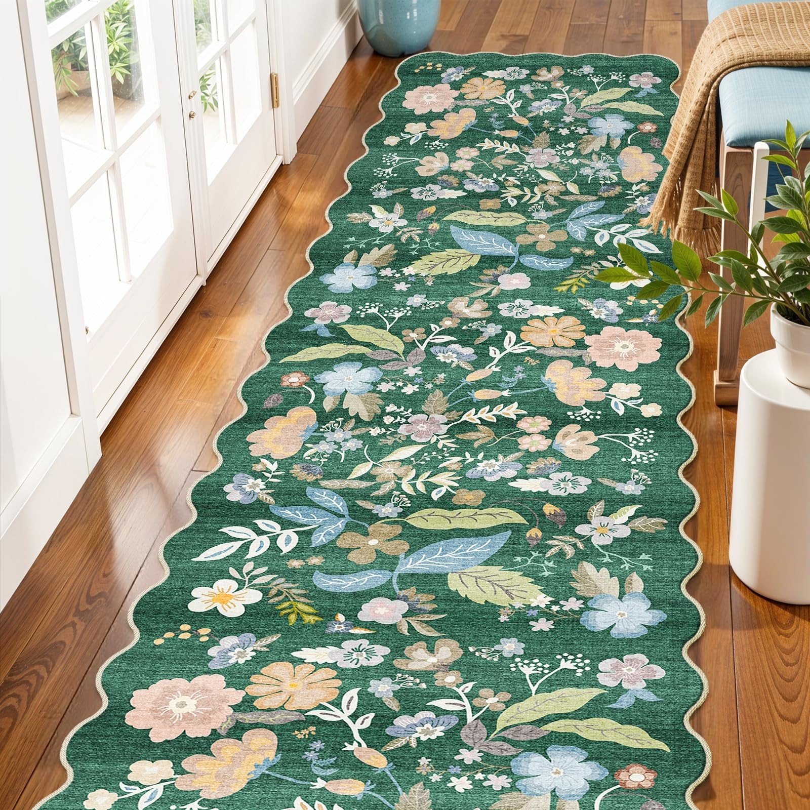 Carpet Runners for Hallway 20 ft: 3X20 Extra Long Scalloped Floral Washable N…