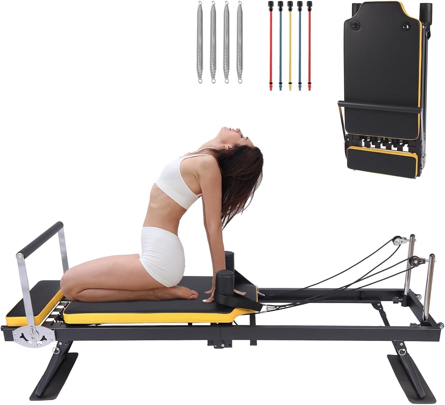 Foldable Pilates Reformer Machine with Wheels, Adjustable Armrests & Headrest