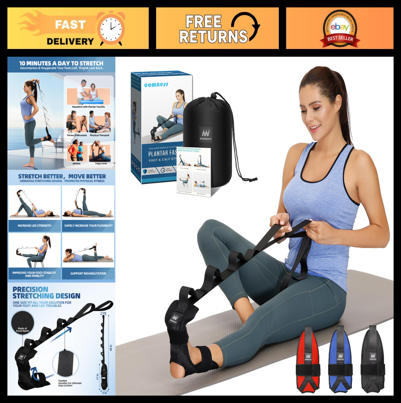 Foot & Calf Stretching Strap for Plantar Fasciitis, Heel Spurs, Achilles Pain Re