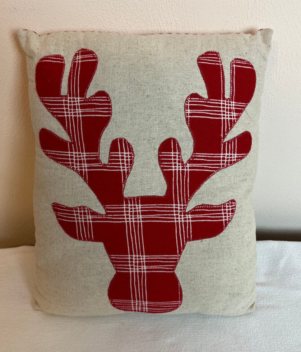 Red Plaid Moose Throw Pillow Striped on Back 13&Prime; x 10&Prime;
