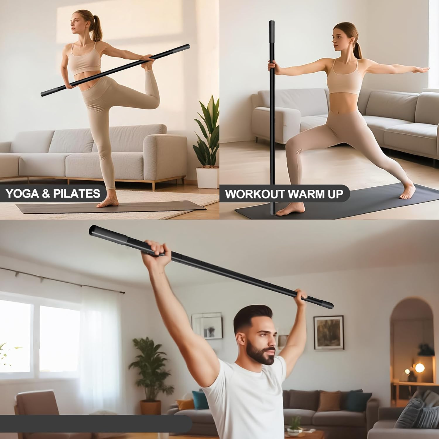 5Ft Heavy-Duty Steel Adjustable Yoga Stick with Resistance Bands