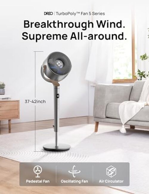 DREO Fan for Bedroom, 120°+120°Omni-directional Oscillating Fan, 90ft, Silver