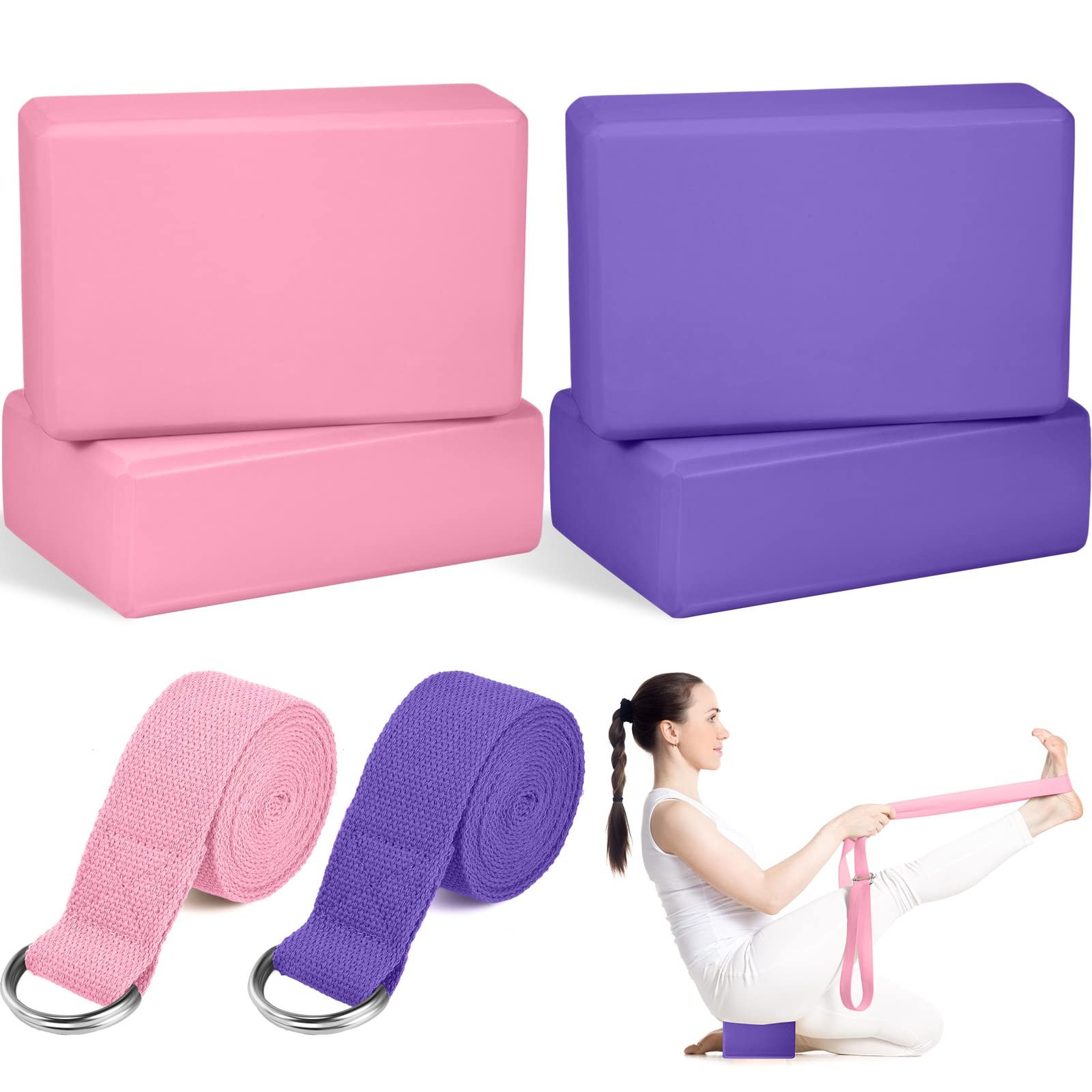 Jexine 6 Pcs Yoga Block and Strap Set 4 Pcs 9 x 6 x 3 Inches EVA Foam Pilates…