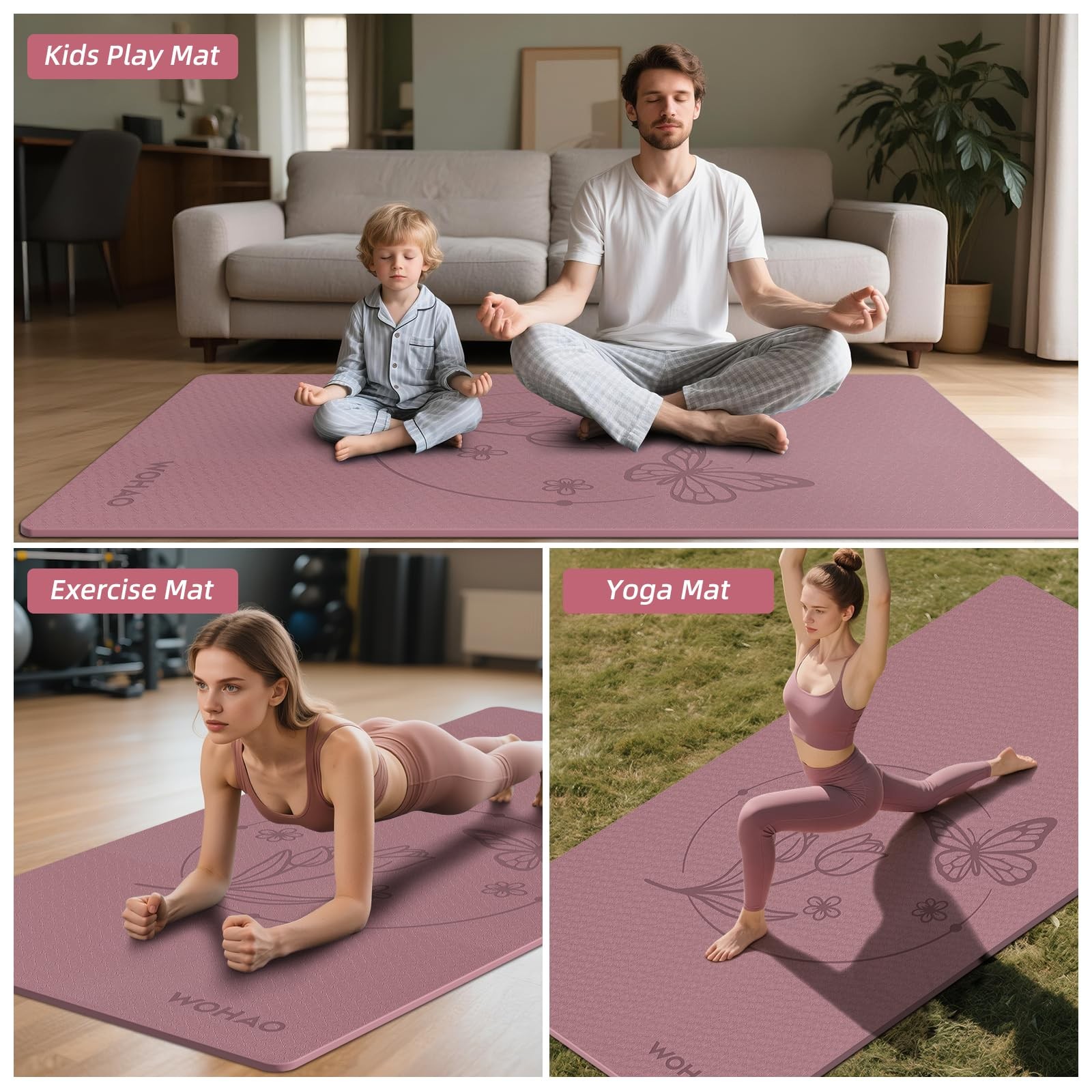 WOHAO Large 76&Prime;x40&Prime;x0.4&Prime; Yoga Mat – Extra 74.8&Prime; x 41.3&Prime; x 0.4&Prime;, Dull Pink