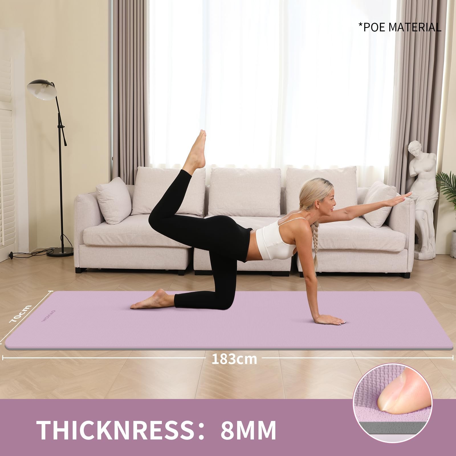 WOHAO Extra Thick 8mm Yoga Mat, 72&Prime;x28&Prime; Non 183*70*0.8cm, Taro Purple+Gray