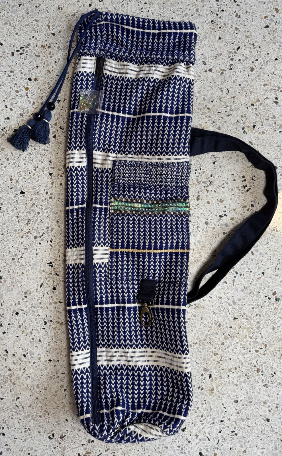Jean-Louis Sherrer Pull String Yoga Mat Zip Bag Designer Natural Knit Blue White
