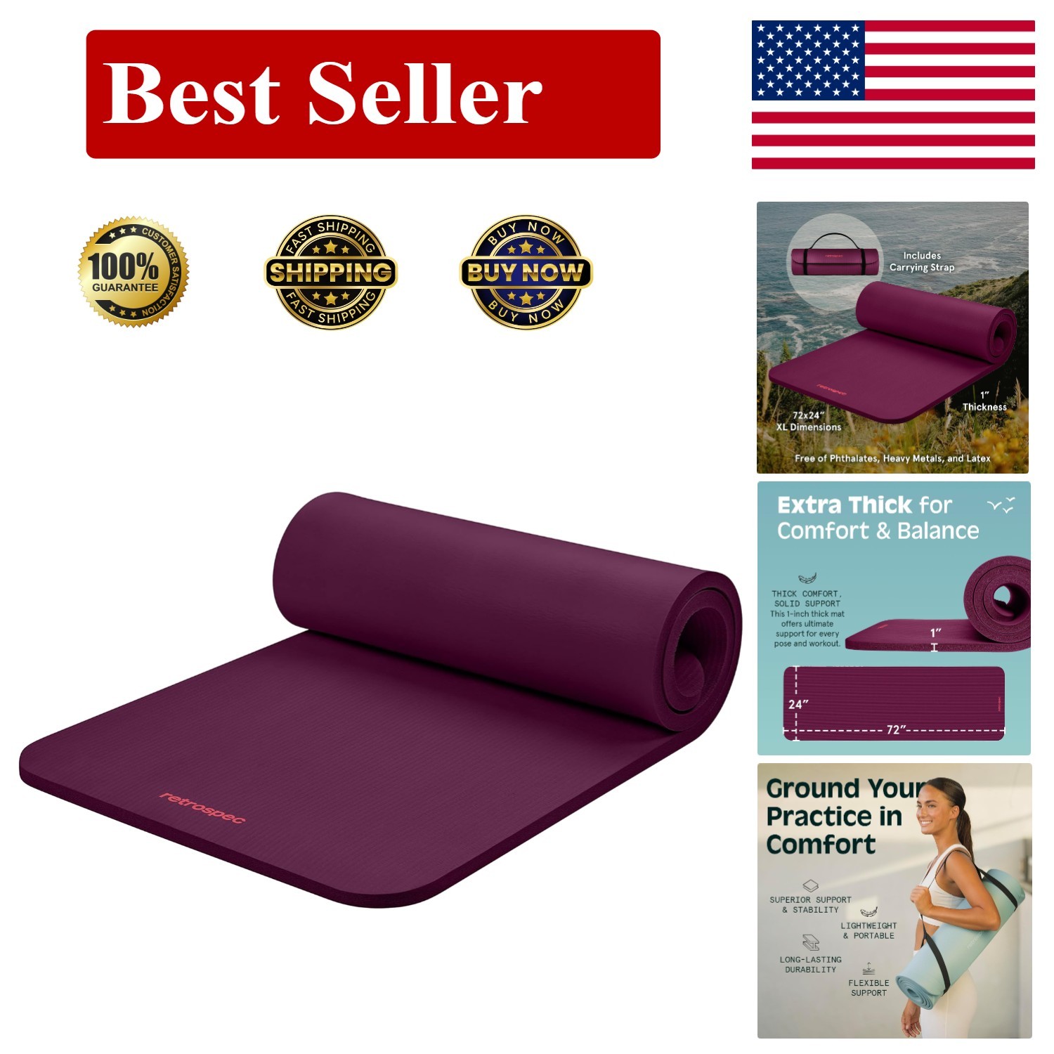 Boysenberry Solana Yoga Mat 1&Prime; Thick – Durable Non-Slip Exercise Mat with Strap