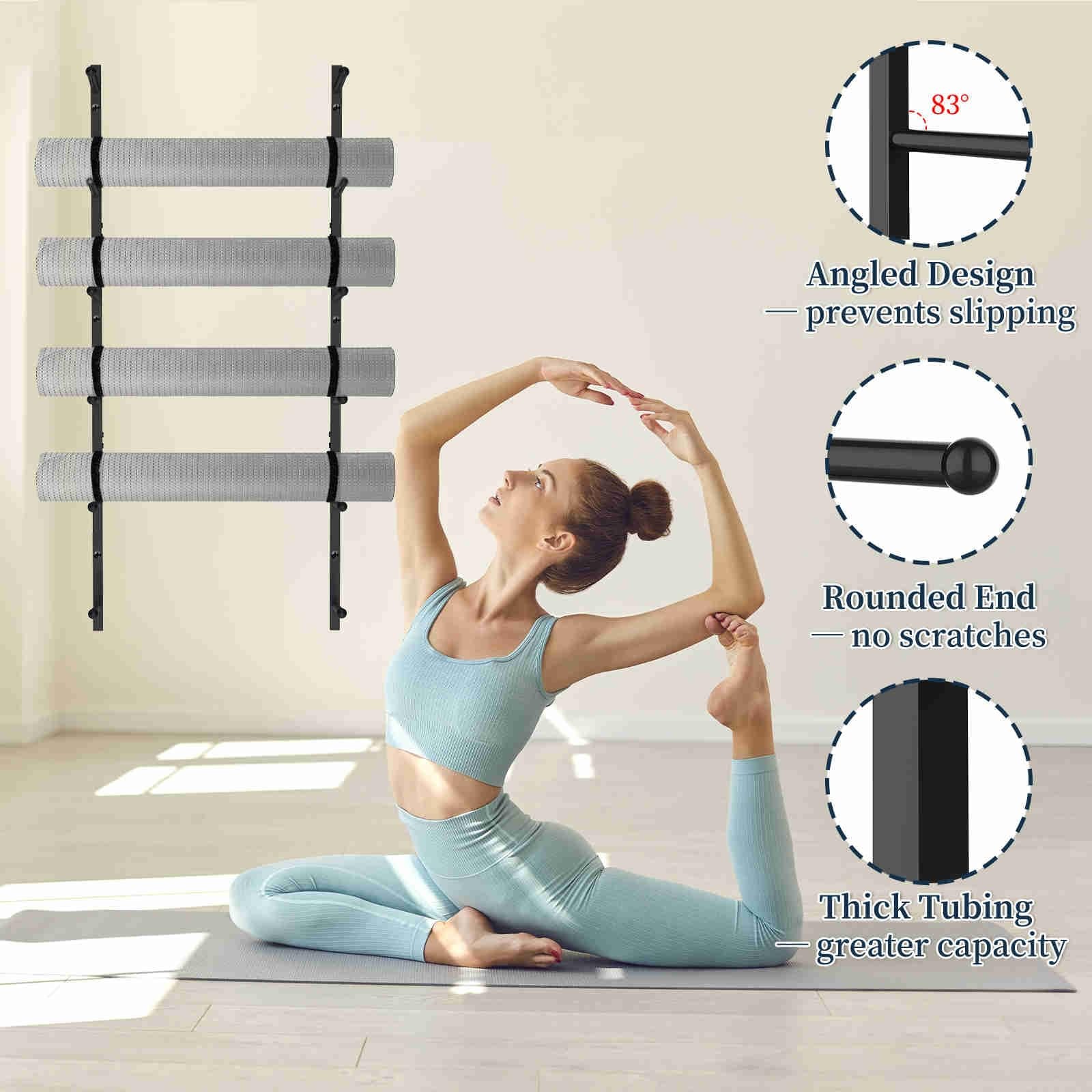 Yoga Mat Holder Wall Mount with 12 Straps, 6 Tier Metal Yoga Mat Storage Rack…