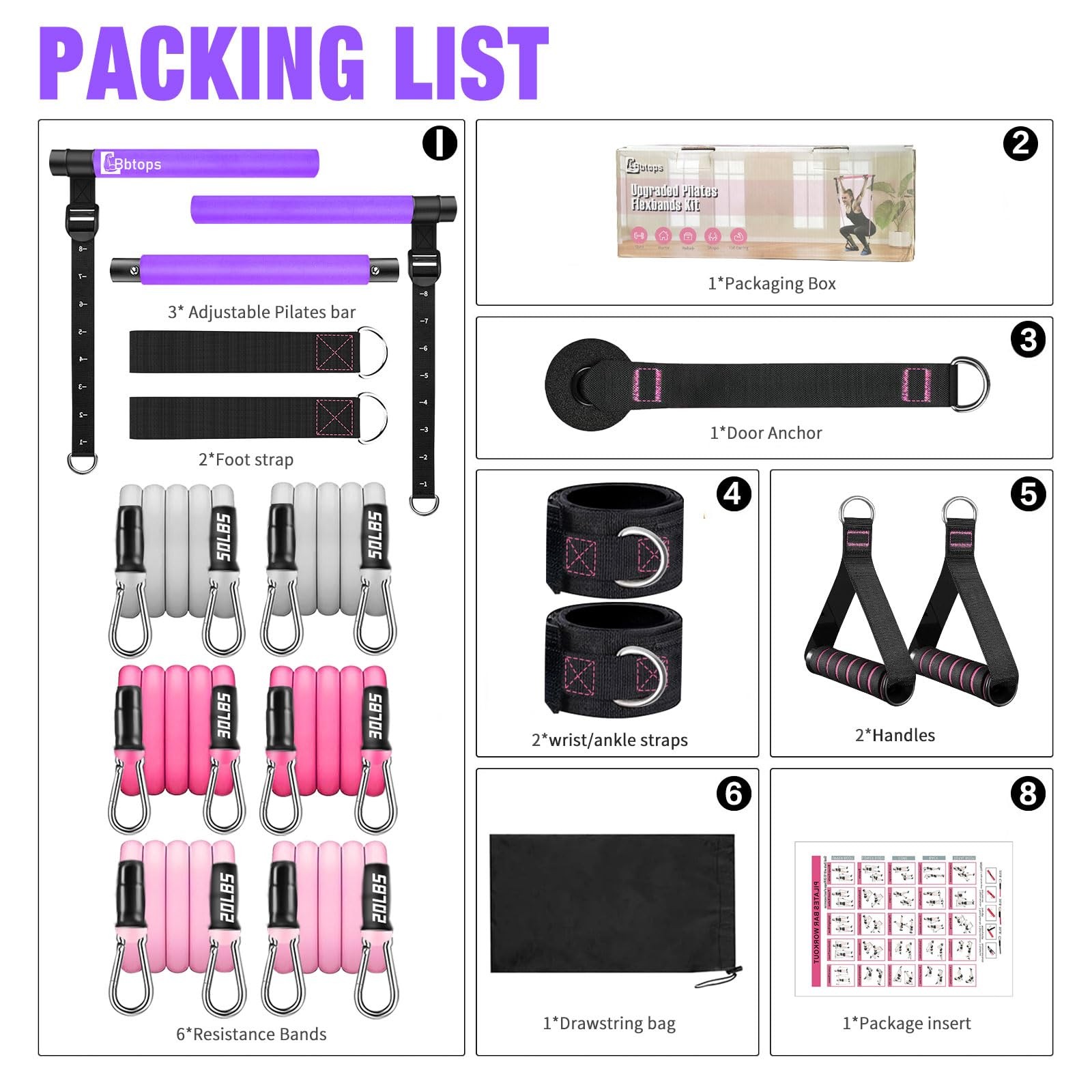 Pilates Bar Kit w/ 3-Section Pole, Stackable Resistance Bands – Full Body Workou