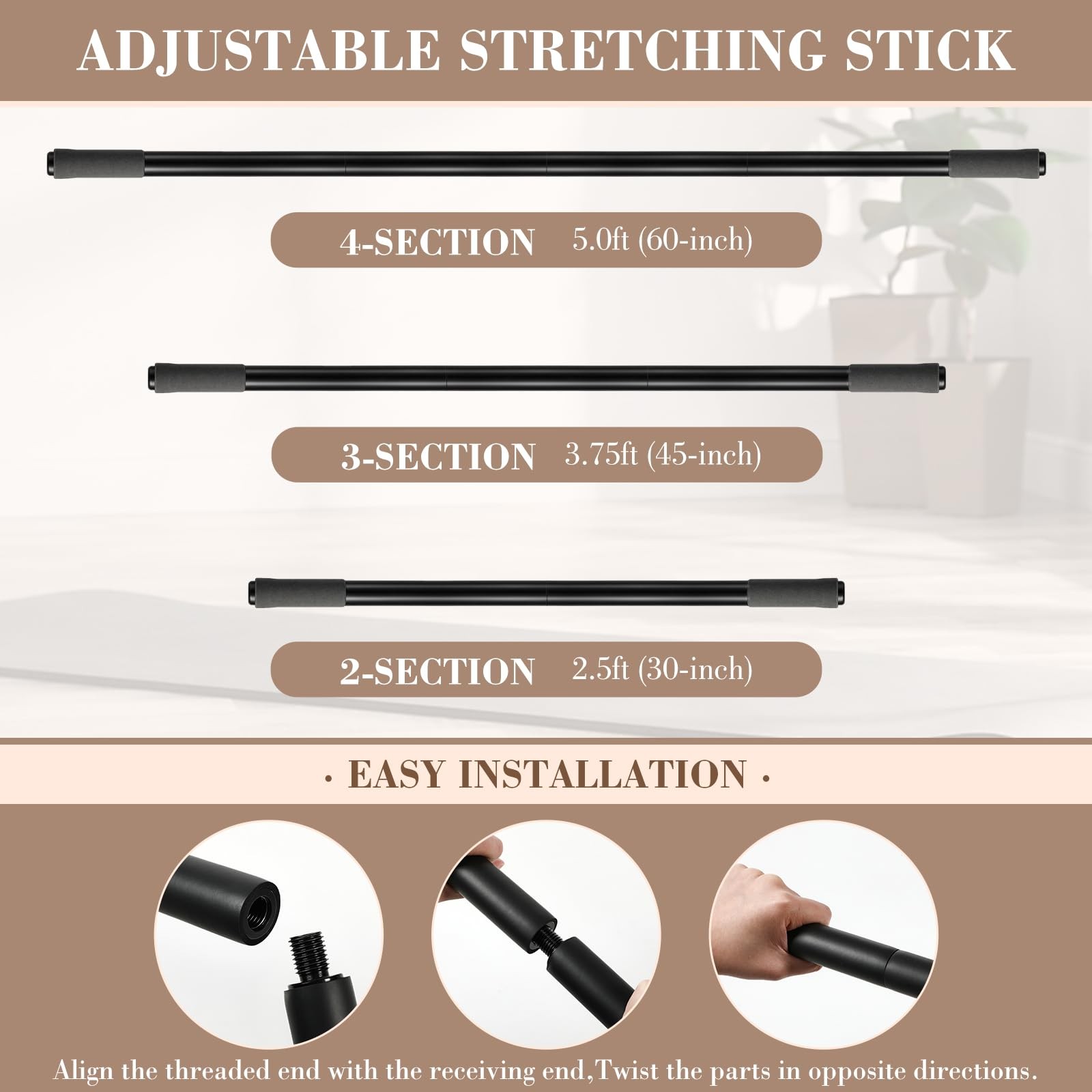 4 Pcs Adjustable Yoga Stick 30/45/60 In with Exercise Strap Yoga Blocks Exerc…