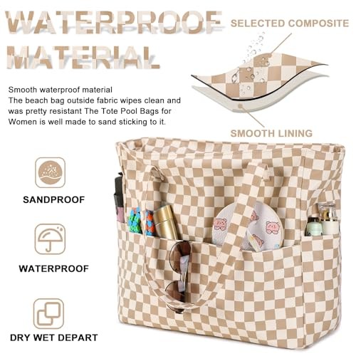Waterproof Beach Tote Pool Bags for Women Ladies Extra A Checked Brown White