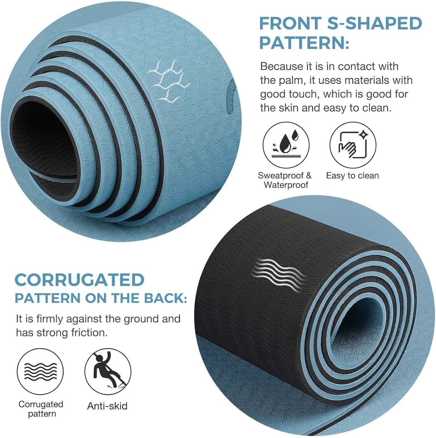 Yoga Mat Non Slip TPE Thick with 0.24*32*72 Inches, Blue Black