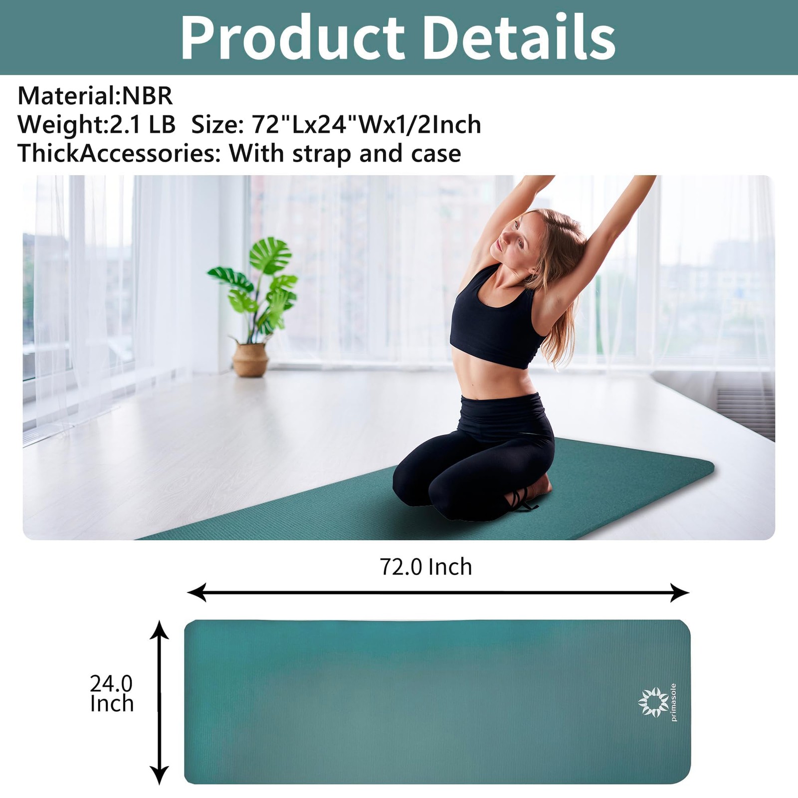 Primasole Thick Yoga Mat, 1/2-Inch Extra 72 x 24 x 0.5 inches, Green