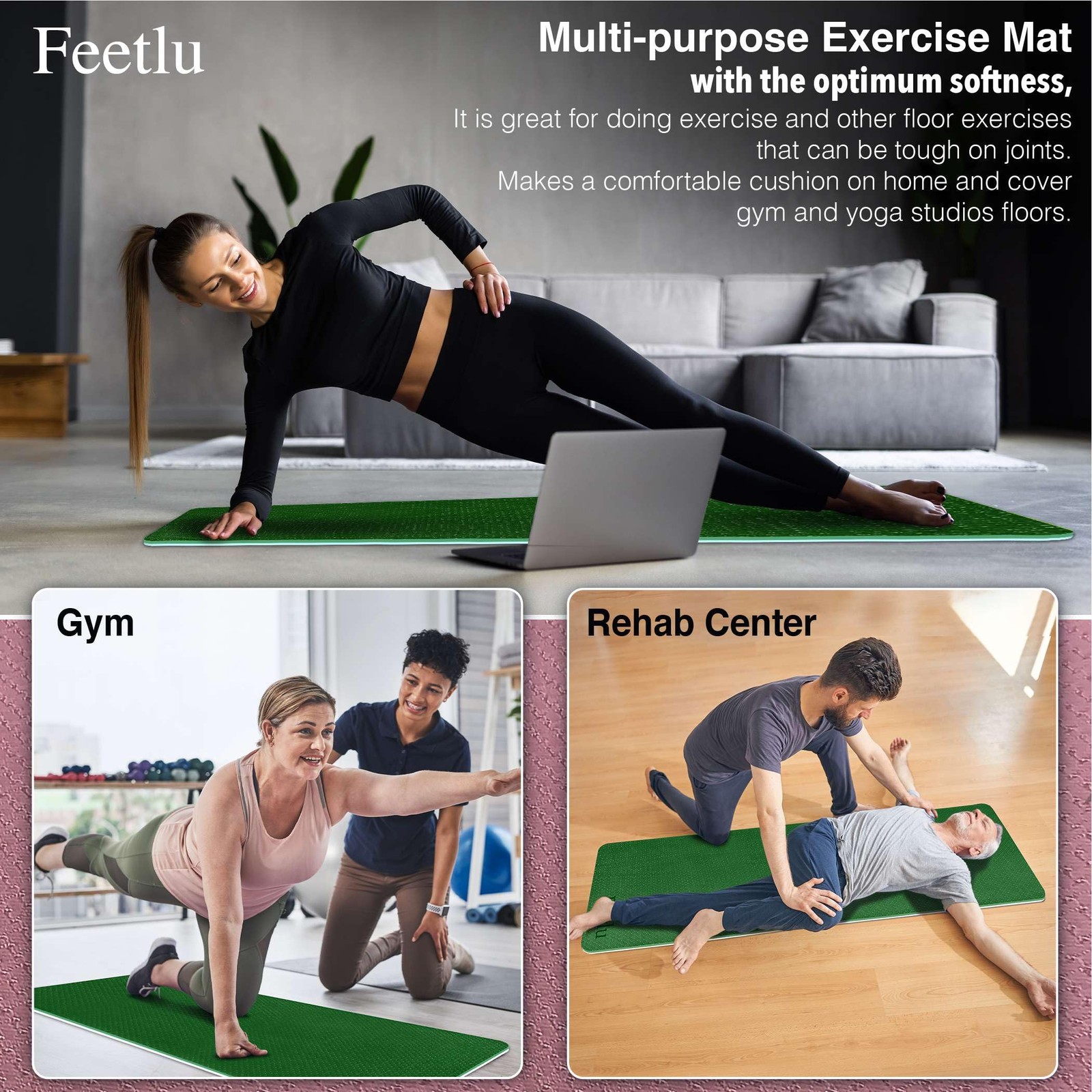 Feetlu Extra Thick Exercise Yoga Mat with 72&Prime; x 24&Prime; x 2/5&Prime;, Green & Cream
