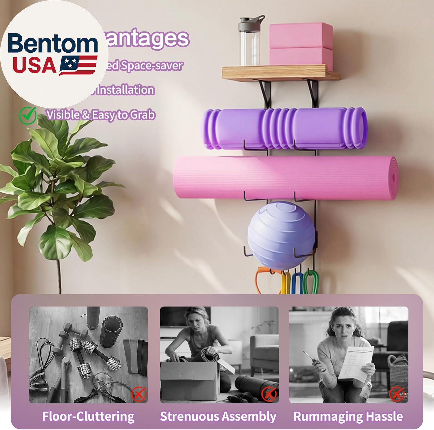 Yoga Mat Holder Wall Mount Yoga Mat Storage Home Gym Accessories with Wood Float