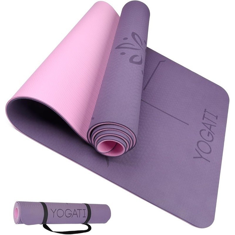 Non-Slip Yoga Mat W/ Alignment Lines TPE Dual Surface Fitness Pilates Training