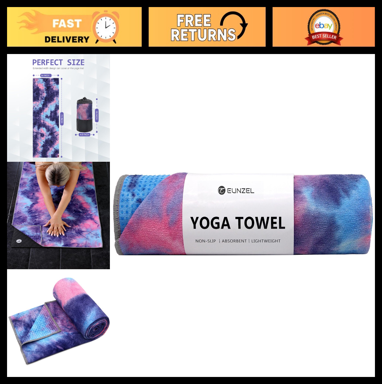 Non-Slip Hot Yoga Towel with Grip Dots, Sweat Absorbent Mat for Pilates & Workou