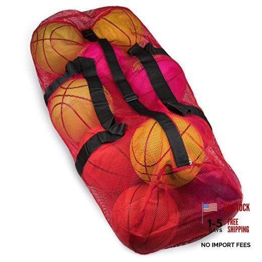 39&Prime; Mesh Sports Ball Bag with Adjustable Shoulder Strap, Oversize Duffle – Red