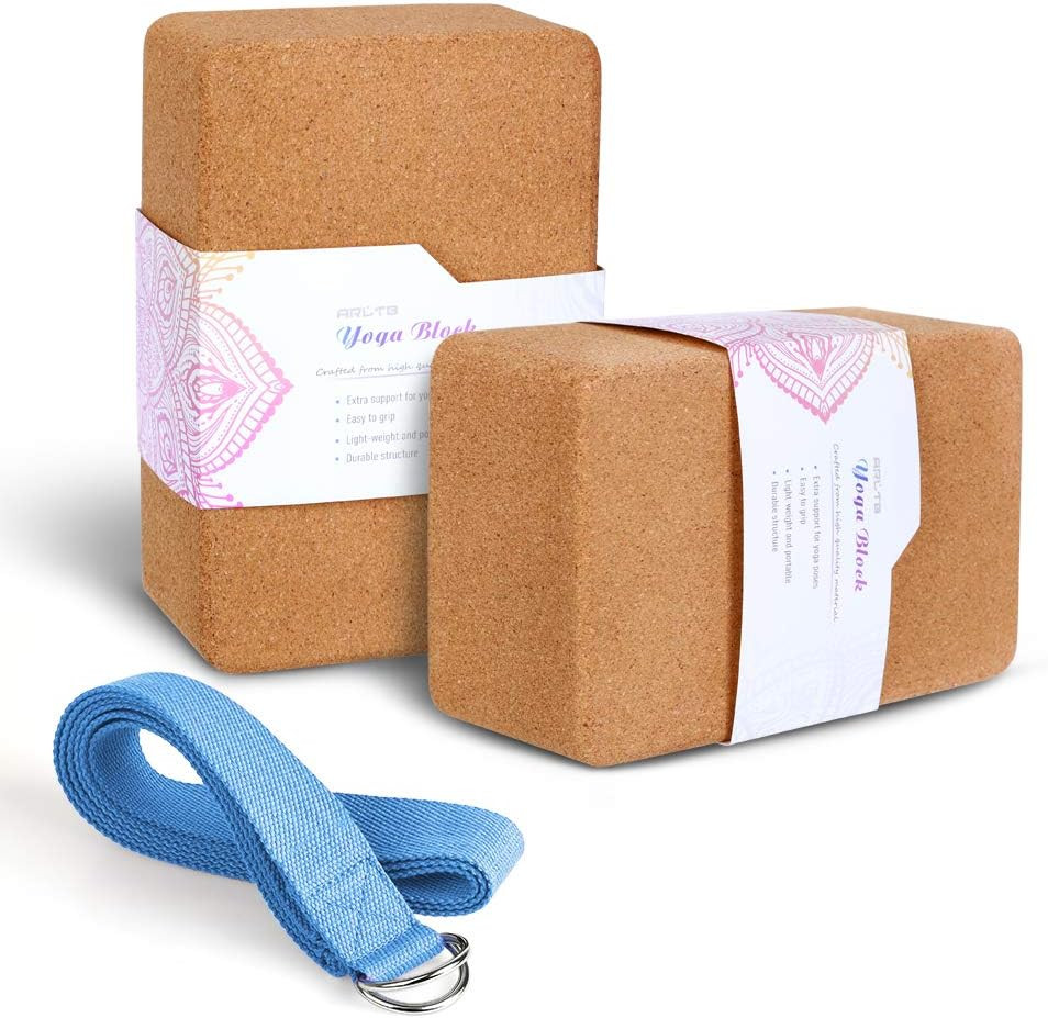 2 Pack Cork Yoga Blocks with Yoga Strap Set – 4 X 6 X 9 Inch