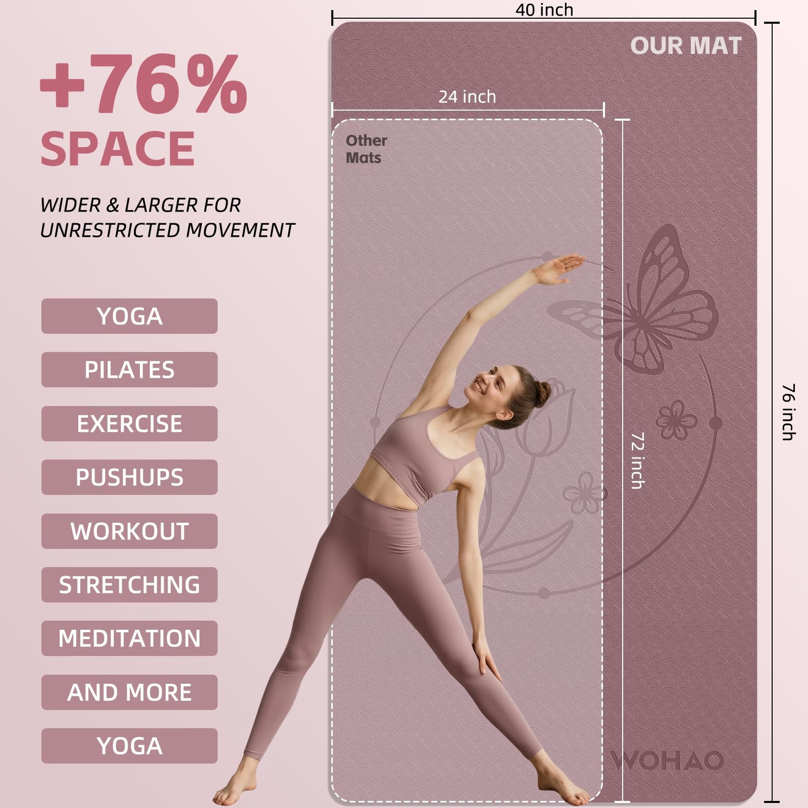 WOHAO Large 76&Prime;x40&Prime;x0.4&Prime; Yoga Mat – Extra 74.8&Prime; x 41.3&Prime; x 0.4&Prime;, Dull Pink