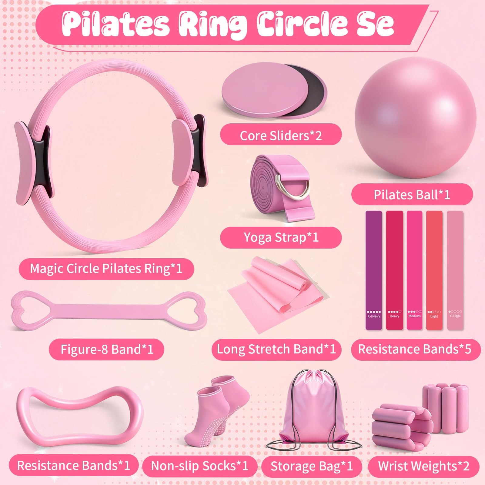 Pilates Equipment Kit for Home Workouts – 18pcs Set- 14 » Ring pink
