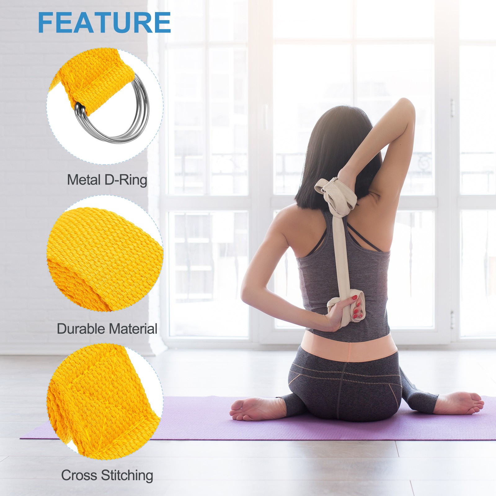 10Pcs 6 Feet Cotton Yoga Strap Belt Stretch Bands with D-Ring Buckle, Yellow